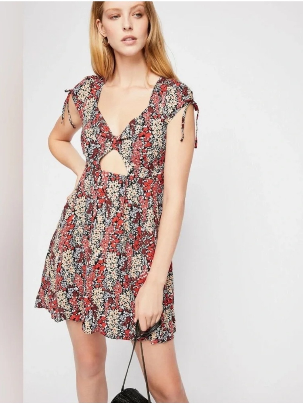 Free People Floral Cutout Mini Dress XS Boho Prairie Tie Sleeve Pockets